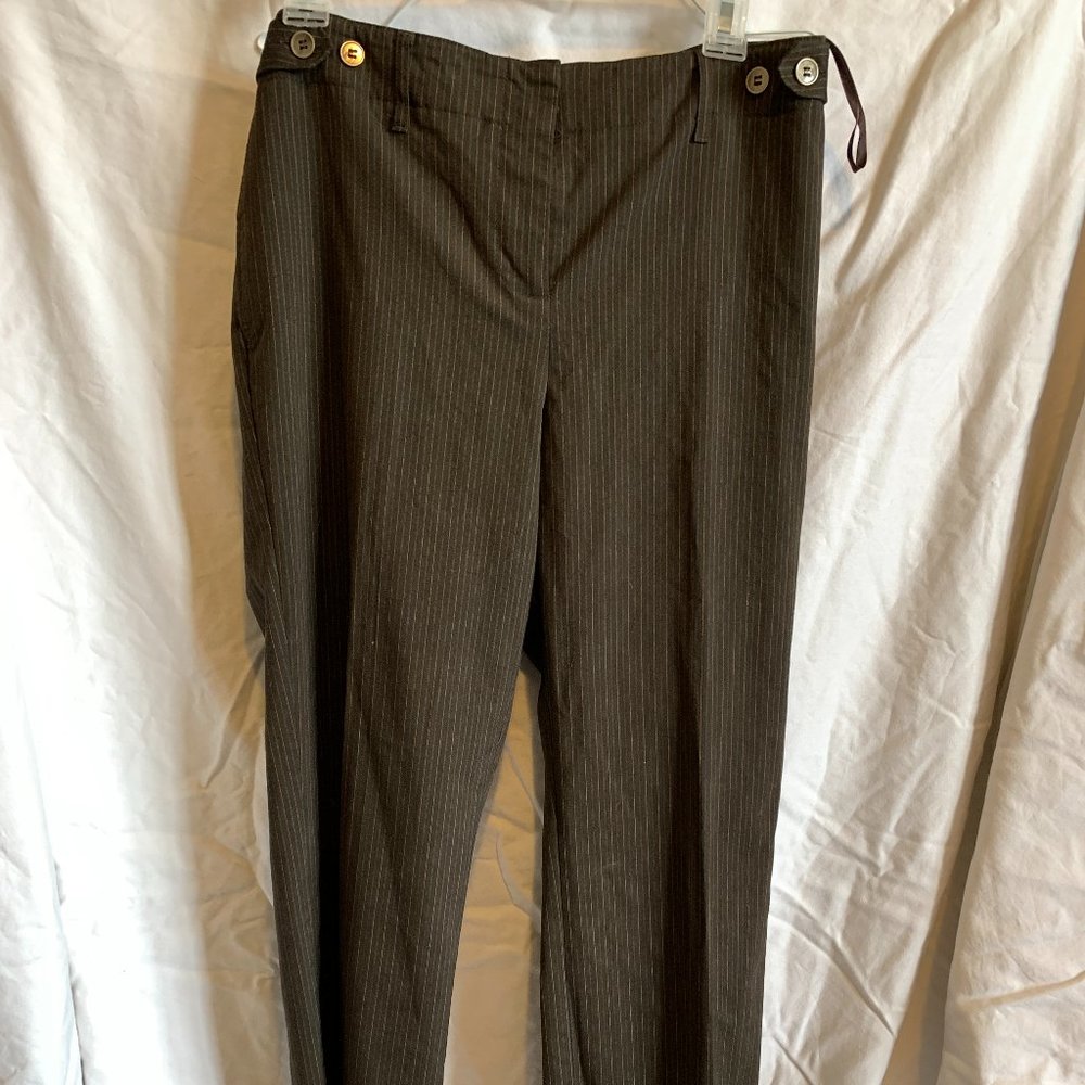 ANNE KLEIN stretch 10P, brown with pinstripes, vintage, buttons to adjust waist